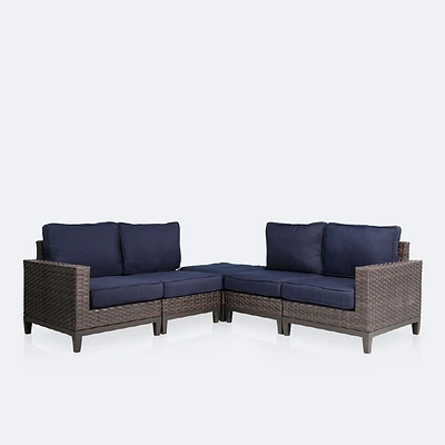 Catalina Ottoman Corner Sectional - Brown Wicker- Navy Cushions