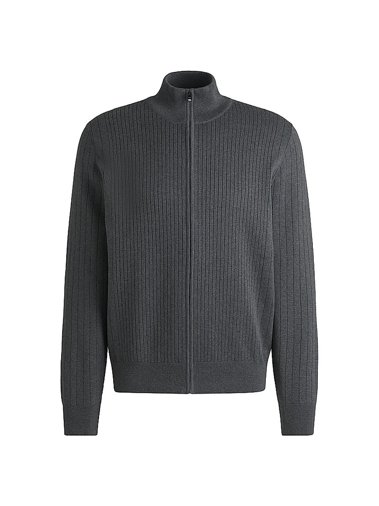 Zip-Up Cotton Cardigan with Knitted Pinstripes