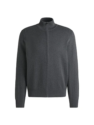 Zip-Up Cotton Cardigan with Knitted Pinstripes