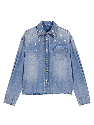 Denim Shirt Jacket with Embroidered Beads