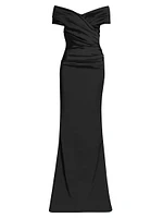 Off-The-Shoulder Ruched Satin Gown