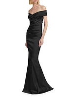 Off-The-Shoulder Ruched Satin Gown