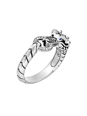 Naga Dragon Sterling Silver, Diamond Pavé & Blue Sapphire Head Ring
