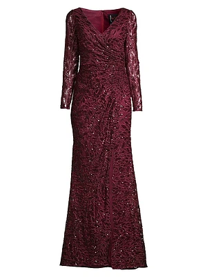 Illusion Damask Embroidered Sequin Column Gown