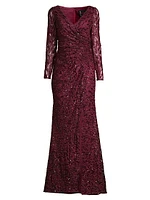 Illusion Damask Embroidered Sequin Column Gown