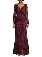 Illusion Damask Embroidered Sequin Column Gown