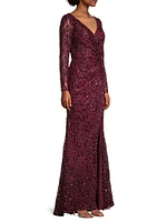 Illusion Damask Embroidered Sequin Column Gown