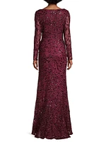 Illusion Damask Embroidered Sequin Column Gown