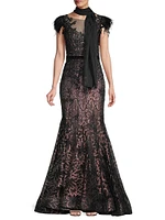 Velvet Floral Applique Mermaid Gown