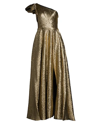 Asymmetric Metallic Pleated Ball Gown
