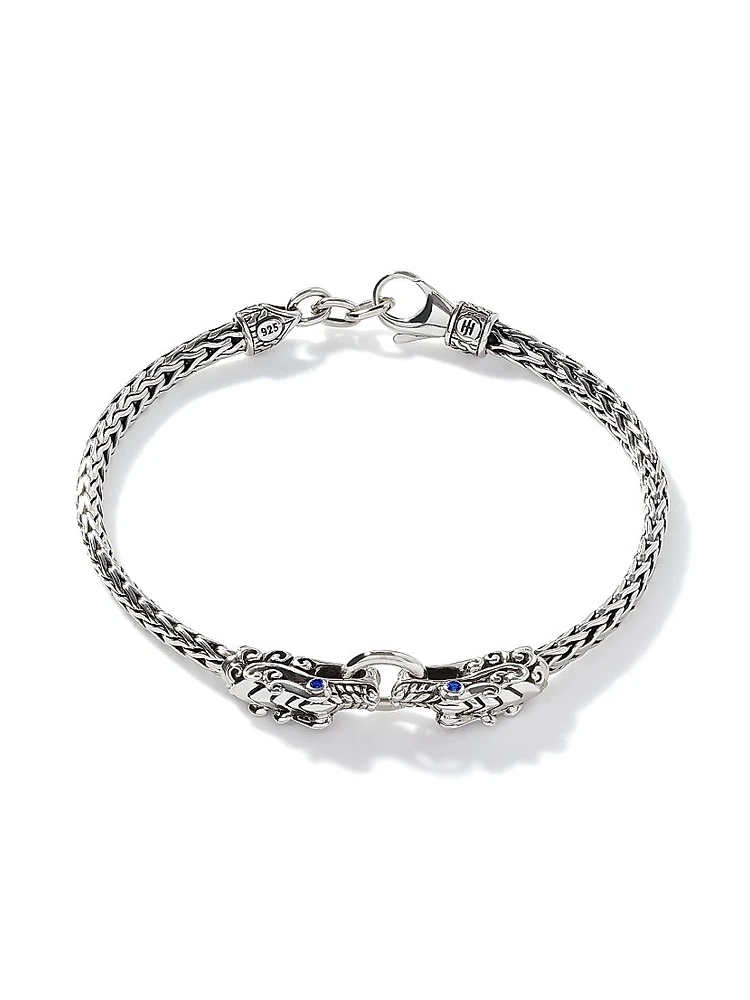 Naga Dragon Silver & Blue Sapphire Double Head Slim Chain Bracelet