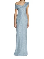 Double Layer Ruffle One Shoulder Jacquard Gown