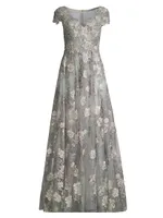 Cap-Sleeve Floral A-Line Gown