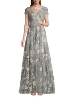 Cap-Sleeve Floral A-Line Gown