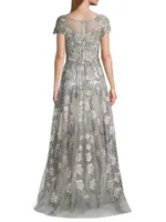 Cap-Sleeve Floral A-Line Gown