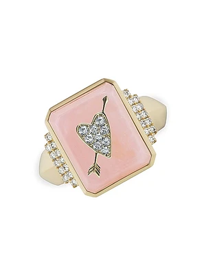 18K Yellow Gold, Pink Opal & Diamond Heart & Arrow Signet Ring