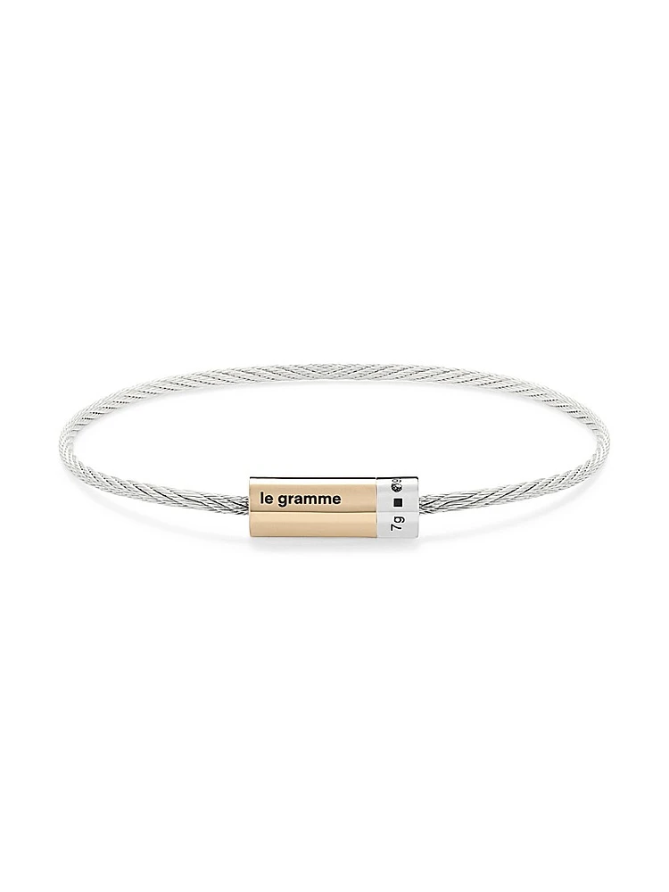 Unisex 7G Polished Bicolor Sterling Silver & 18K Yellow Gold Cable Bracelet
