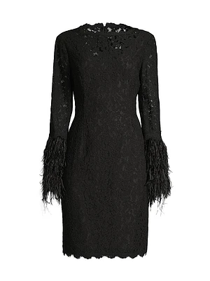 Feather-Trim Lace Sheath Dress