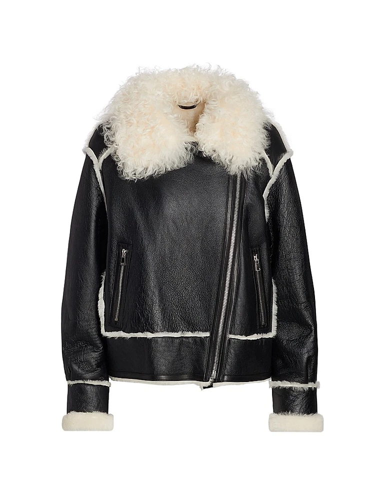 Leather Shearling-Trimmed Moto Jacket
