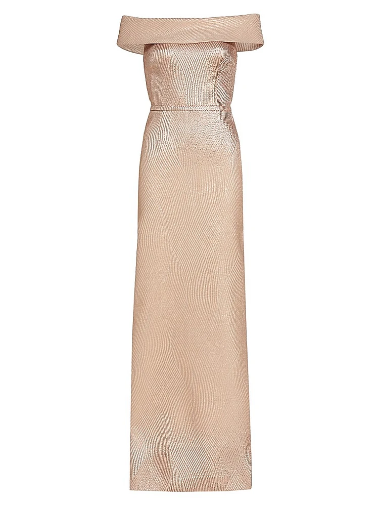 Metallic Off-The-Shoulder Wavy Rib-Knit Gown