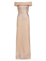 Metallic Off-The-Shoulder Wavy Rib-Knit Gown