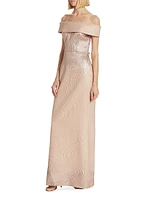 Metallic Off-The-Shoulder Wavy Rib-Knit Gown