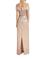 Metallic Off-The-Shoulder Wavy Rib-Knit Gown