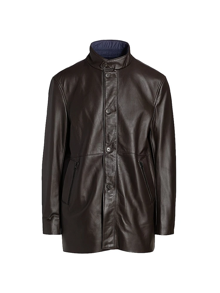 Leather Stand Collar Longline Jacket