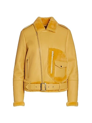 Shearling-Trimmed Leather Moto Jacket
