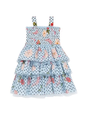 Little Girl's & Girl's Smocked Floral & Polka Dot Tiered Dress