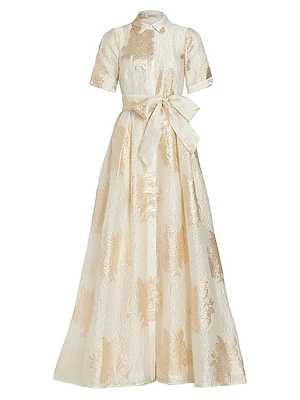 Brocade Organza Tie Waist Gown
