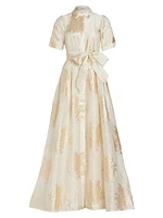 Brocade Organza Tie Waist Gown