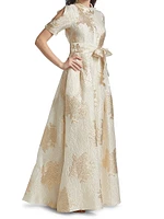 Brocade Organza Tie Waist Gown