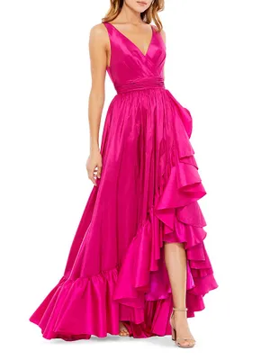 Satin Flounce V-Neck Gown