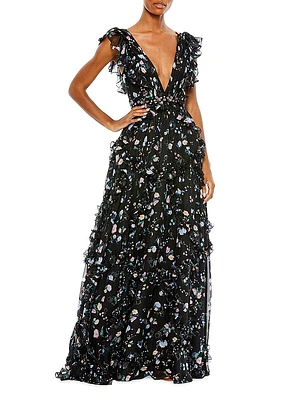 Ieena Floral Ruffle V-Neck Gown
