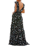 Ieena Floral Ruffle V-Neck Gown