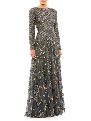 Bead & Sequin-Embellished A-Line Gown