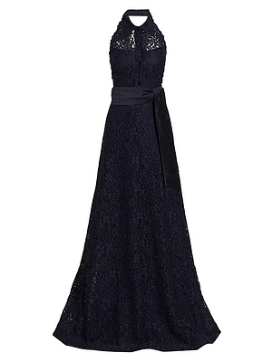 Floral Lace Collared A-Line Gown