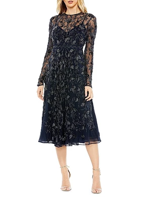 Long-Sleeve Embellished Floral Midi-Dress