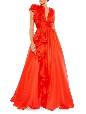Satin Plunge Ruffled A-Line Gown