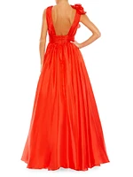 Satin Plunge Ruffled A-Line Gown