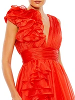Satin Plunge Ruffled A-Line Gown