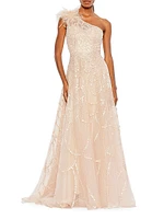 Sequin & Feather-Embellished Gown