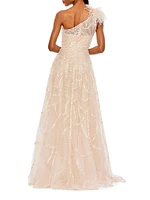 Sequin & Feather-Embellished Gown