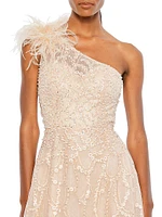 Sequin & Feather-Embellished Gown