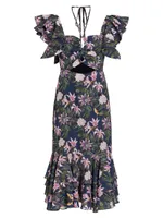 Chocolate Floral-Print Ruffled Midi-Dress