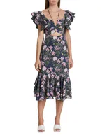 Chocolate Floral-Print Ruffled Midi-Dress