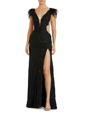 Feather-Trimmed Lace Wrap Gown