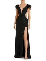 Feather-Trimmed Lace Wrap Gown