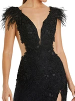 Feather-Trimmed Lace Wrap Gown